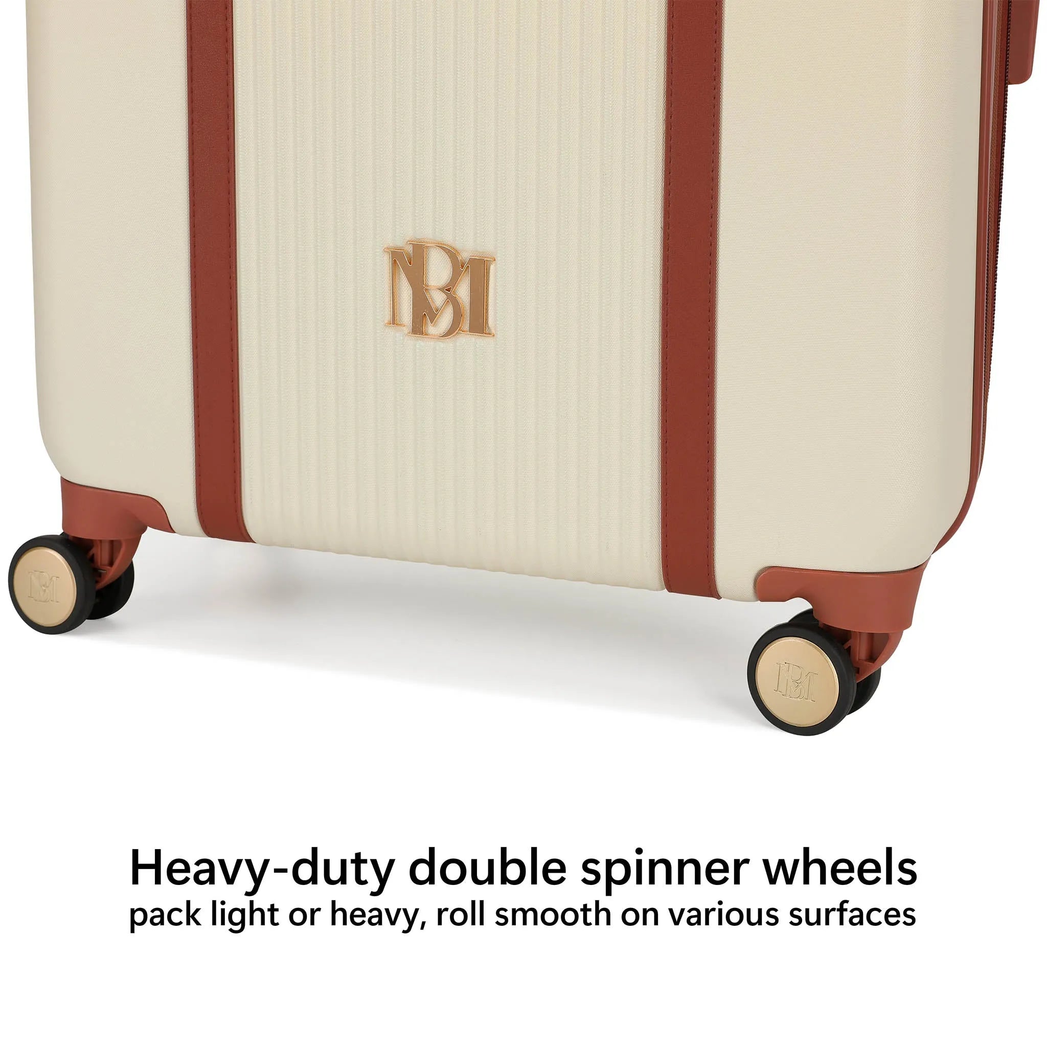 Beige suitcase with brown stripes and wheels on a white background