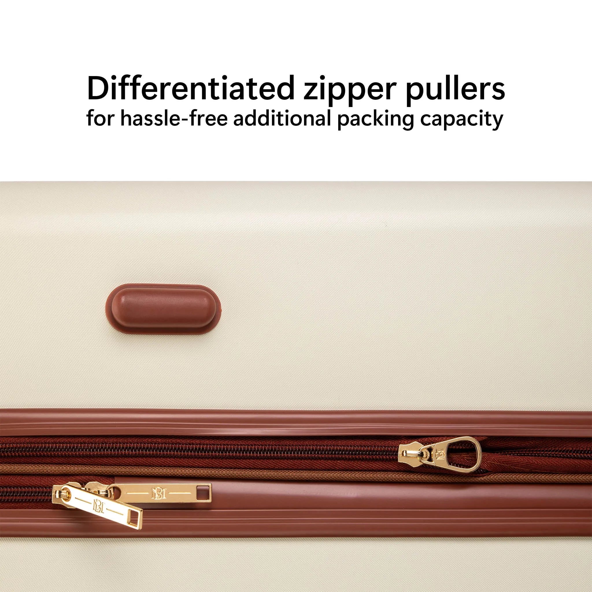 Close-up of a suitcase with a differentiated zipper puller on a beige background