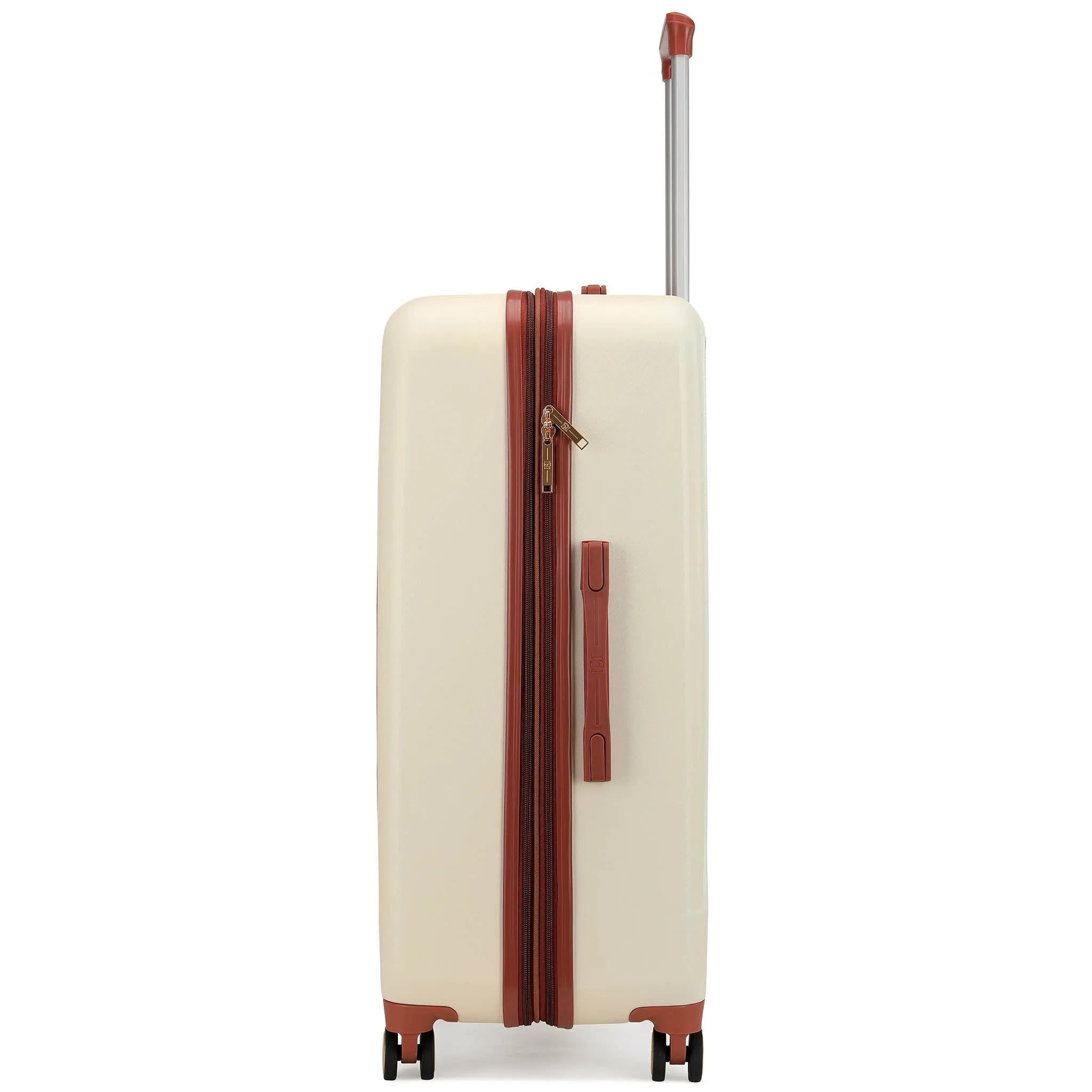 Beige suitcase with brown accents on a white background