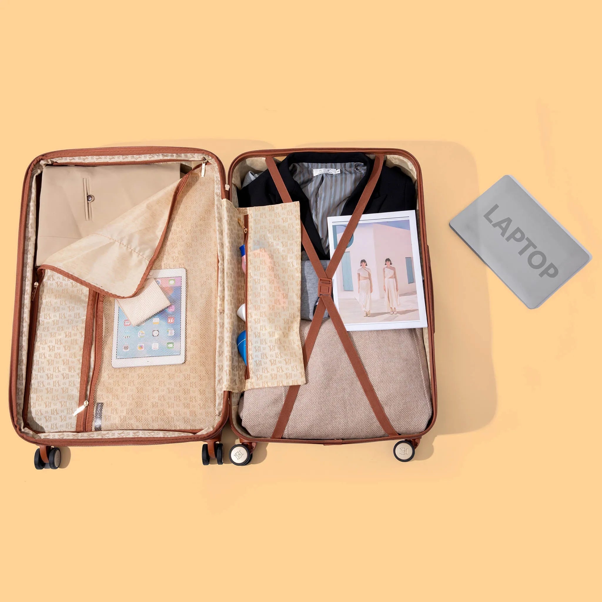 Open suitcase with compartments filled with items and a laptop labeled card on a yellow background