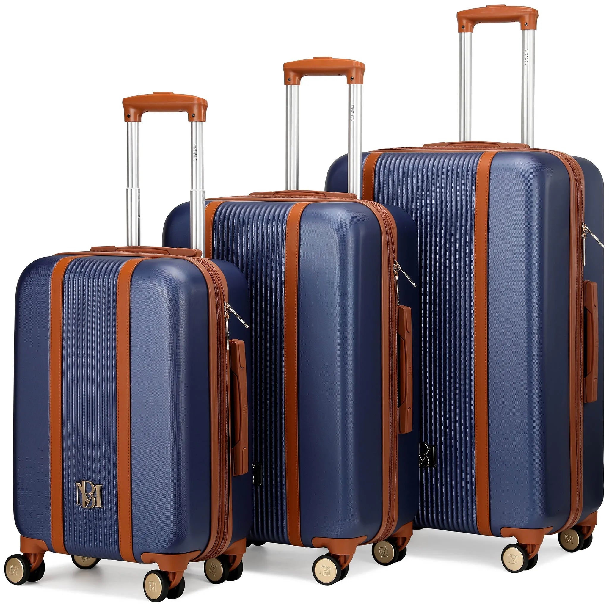 Set of blue suitcases with brown straps on a white background
