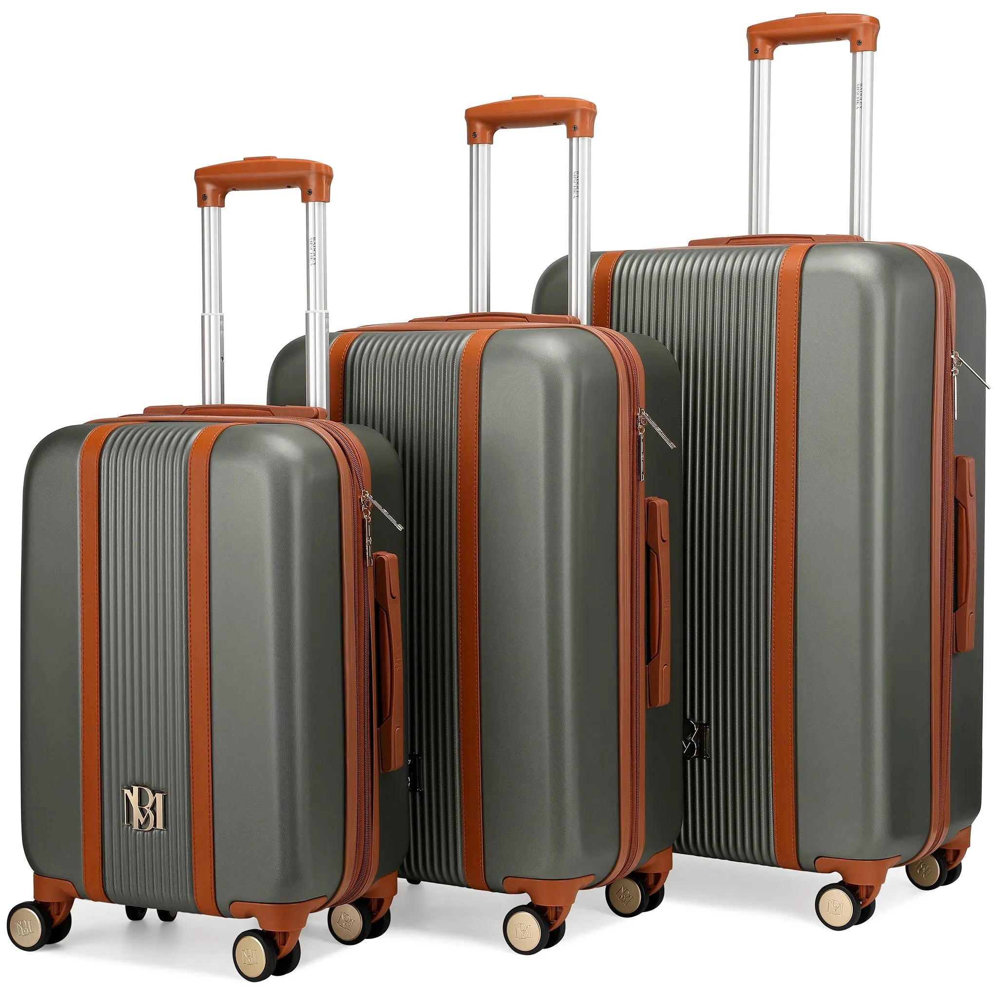 Set of gray suitcases with brown accents on a white background