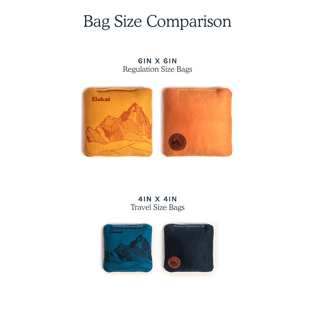 Comparison of Elakali bags in regulation size and travel size on a white background.