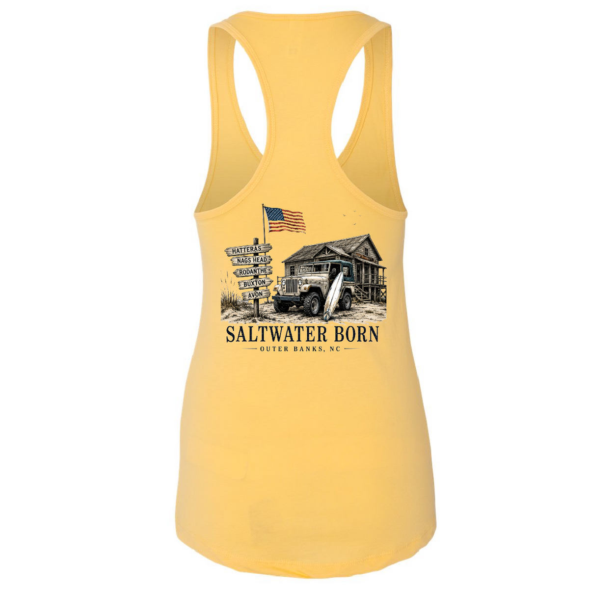 A yellow racerback tank top featuring a vintage-style graphic print on the front with an American flag, a military jeep, a rustic building, a directional signpost, and the text 'SALTWATER BORN' and 'GUTER BANKS, NC'.