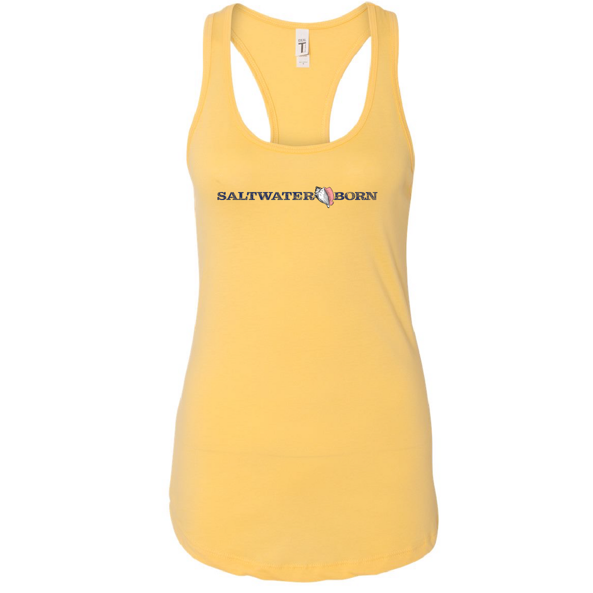 A pale yellow racerback tank top with 'SALTWATER BORN' printed across the chest in navy and red, displayed on a clean white background.