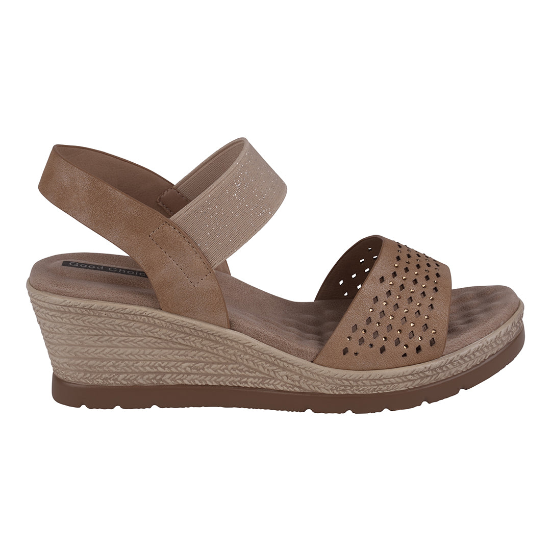 Brown wedge sandal with espadrille sole on a white background