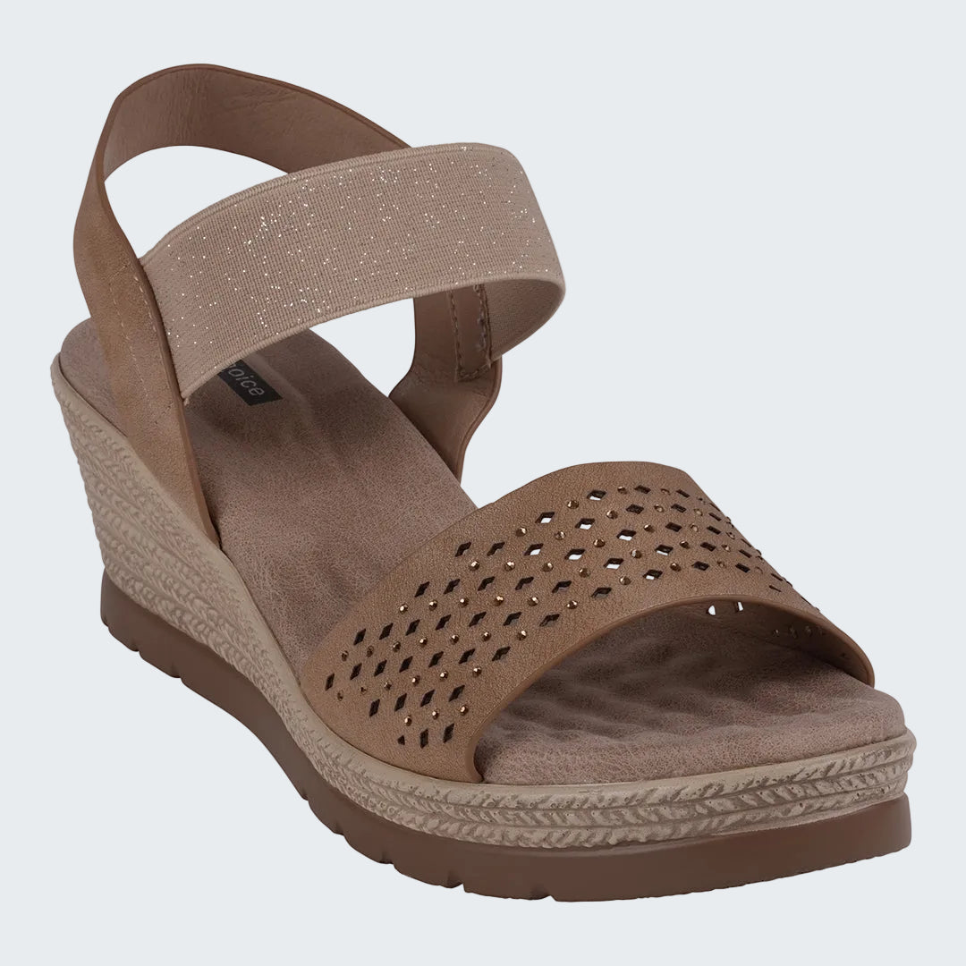 Brown wedge sandal with a strap on a white background