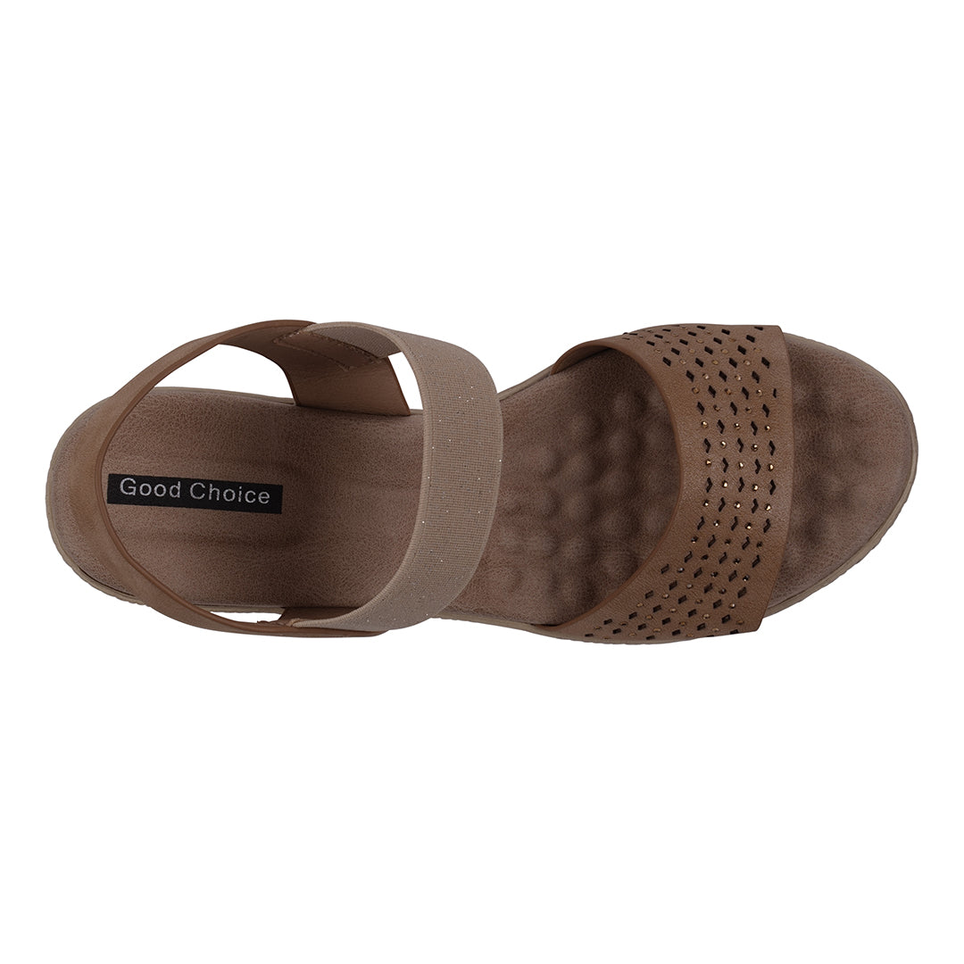 Brown sandal with 'Good Choice' label on a white background