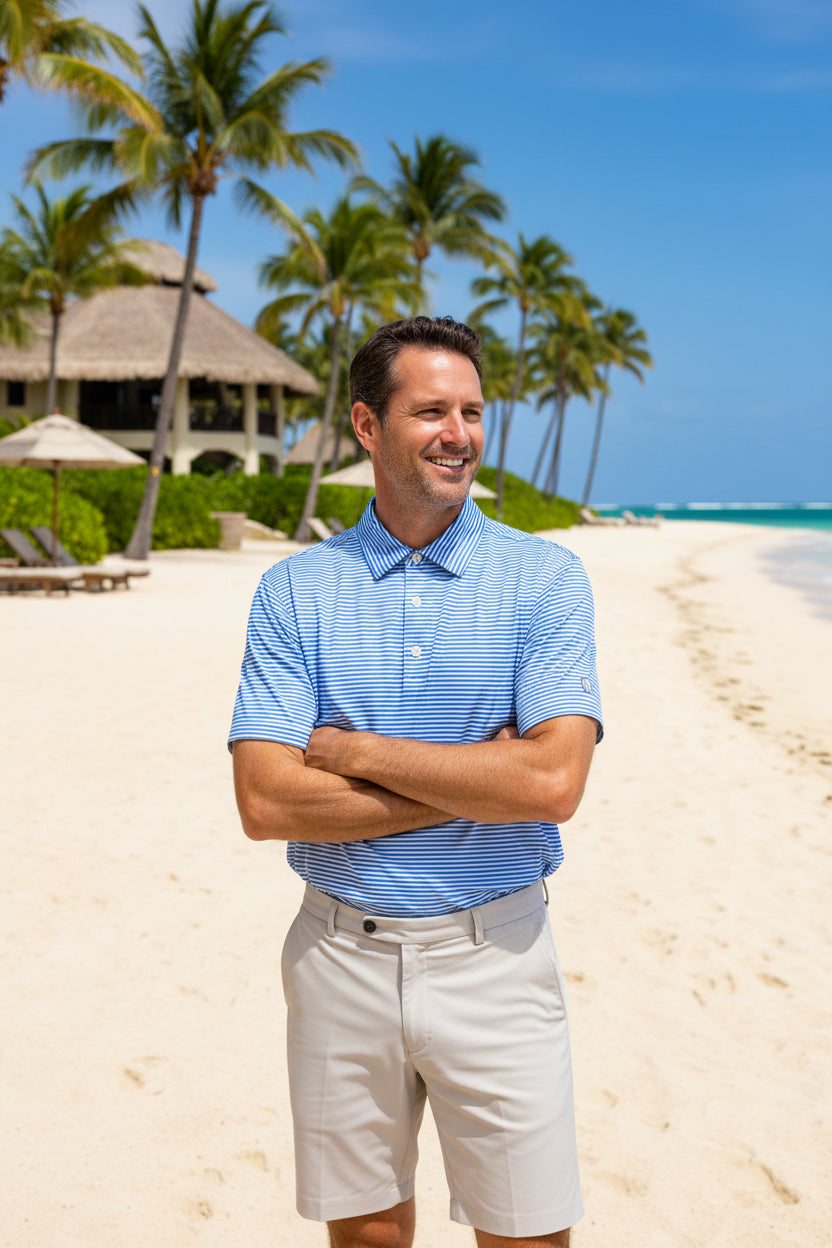 Blue and white striped polo shirt with a brand logo on a white background