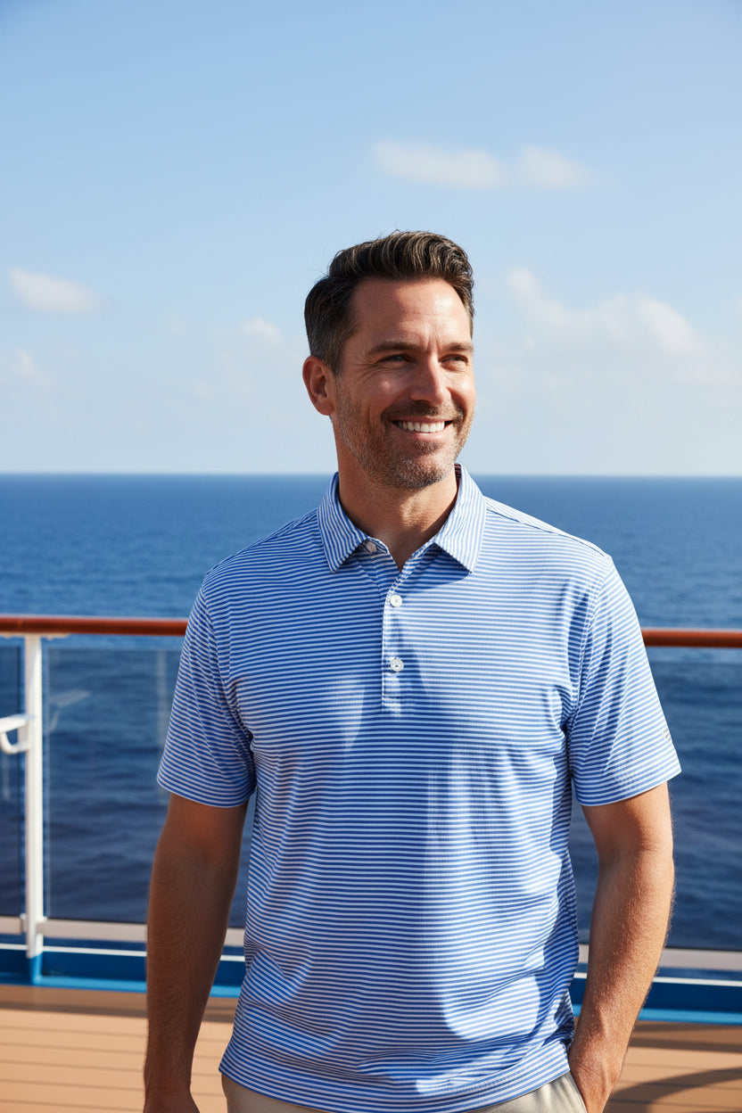 Blue and white striped polo shirt with a brand logo on a white background