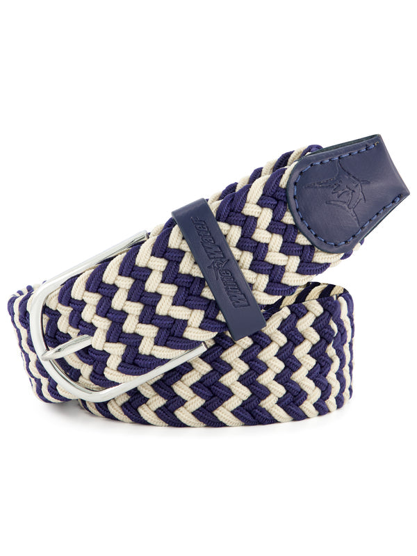 Navy and beige woven belt with a dark blue buckle on a white background