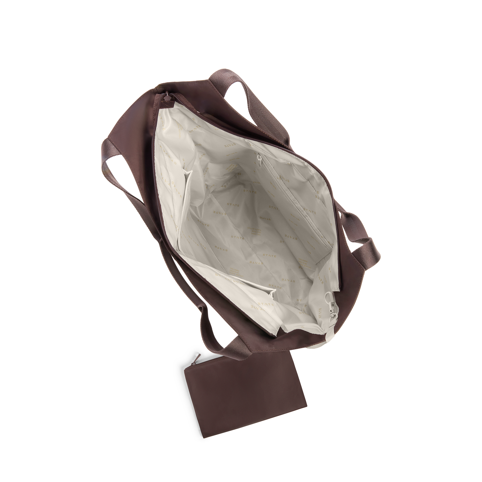 Brown backpack with a white interior on a white background