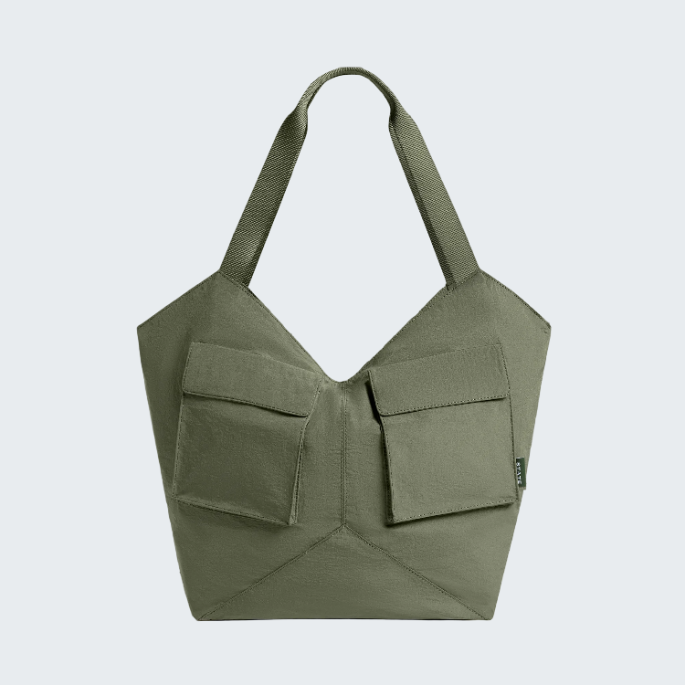 An olive green structured tote bag with two large front flap pockets and two shoulder straps, photographed on a clean white background.