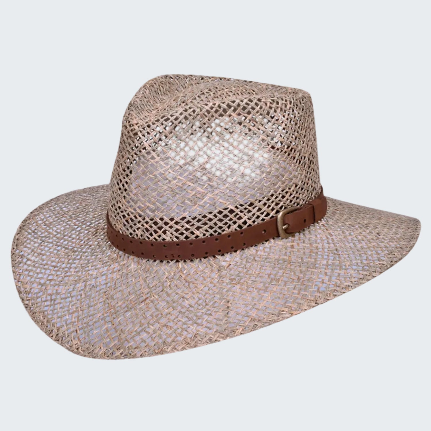 Woven straw hat with a brown band on a white background