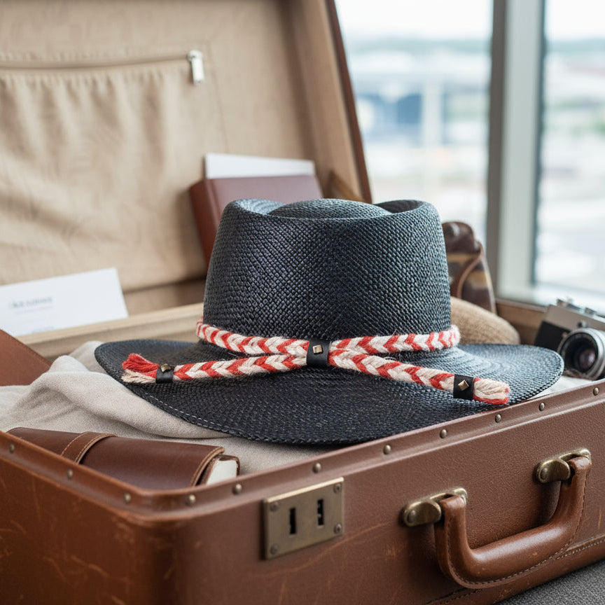 Black straw hat with a red and white braided band on a white background