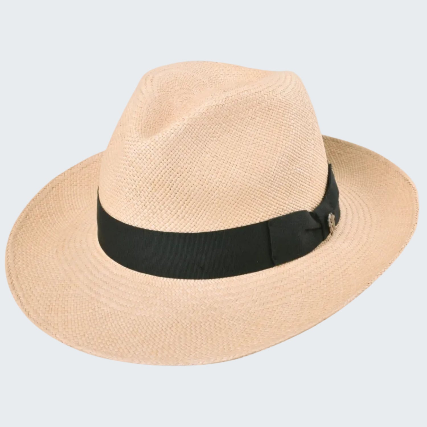 Beige straw hat with a black band on a white background