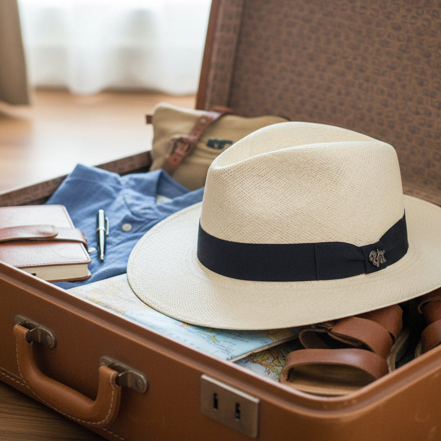 Beige straw hat with a black band on a white background
