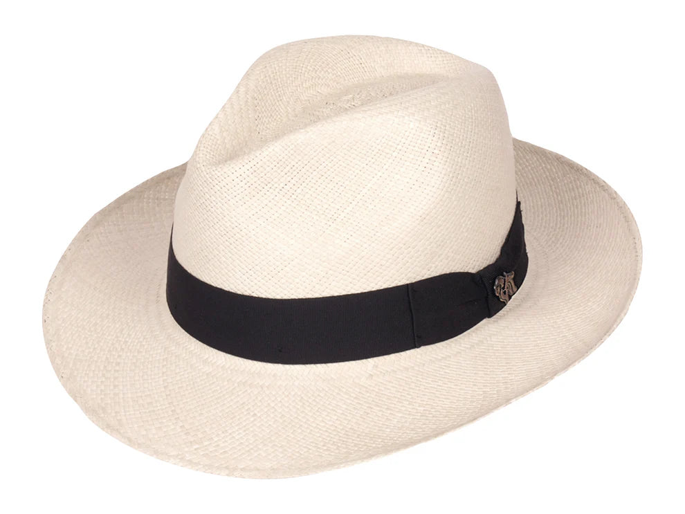 Beige straw hat with a black band on a white background