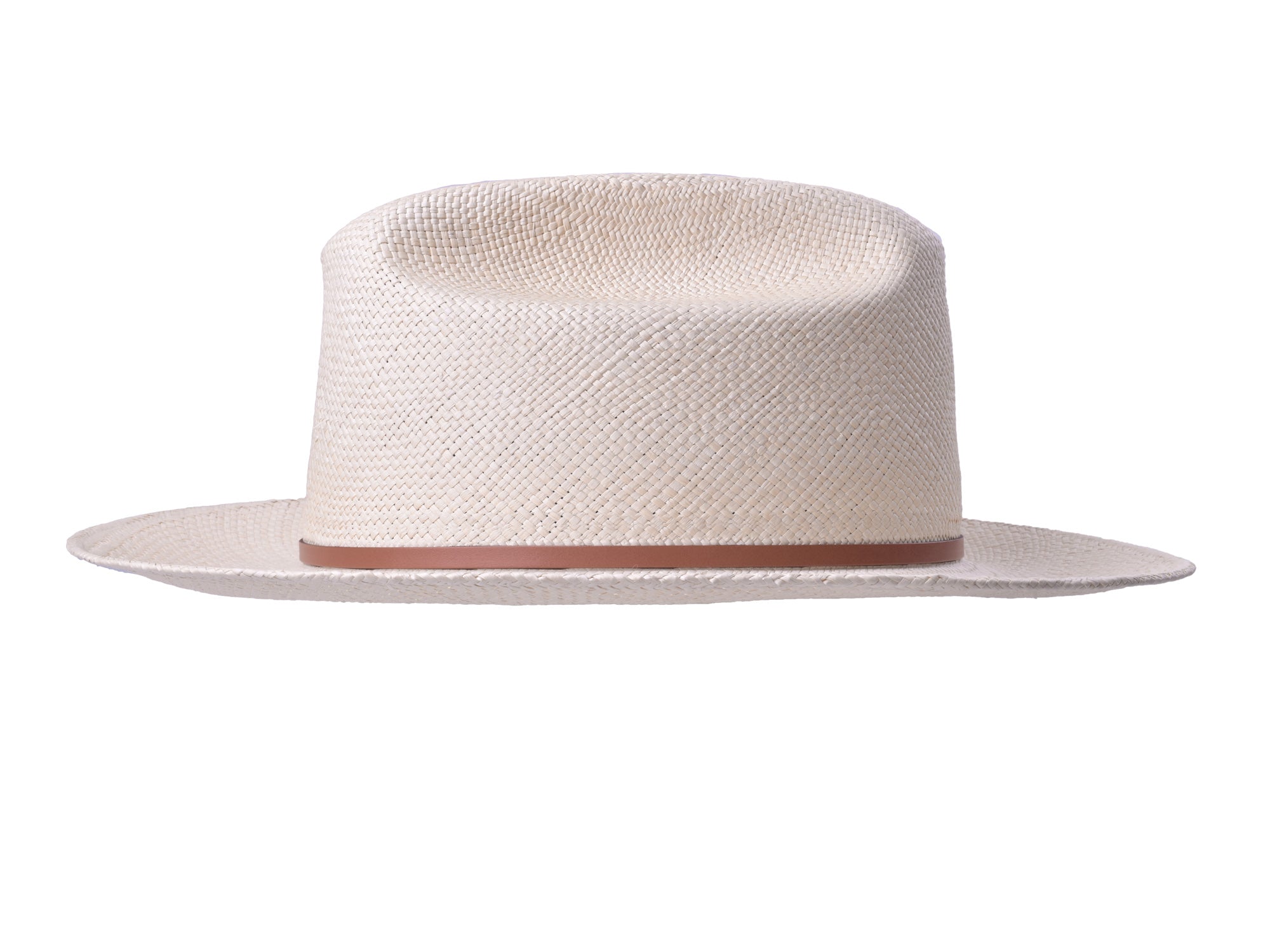 White straw hat with a brown band on a white background