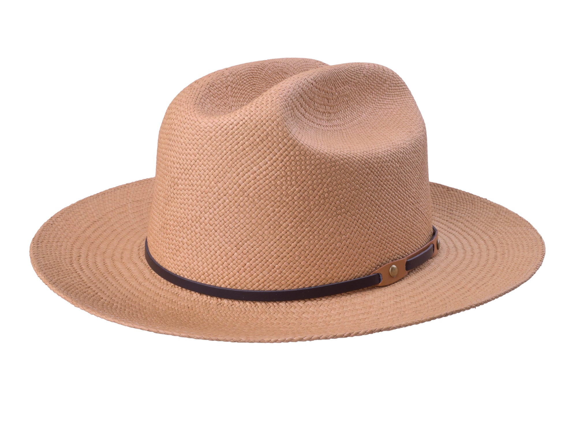 Beige straw hat with a black band on a white background