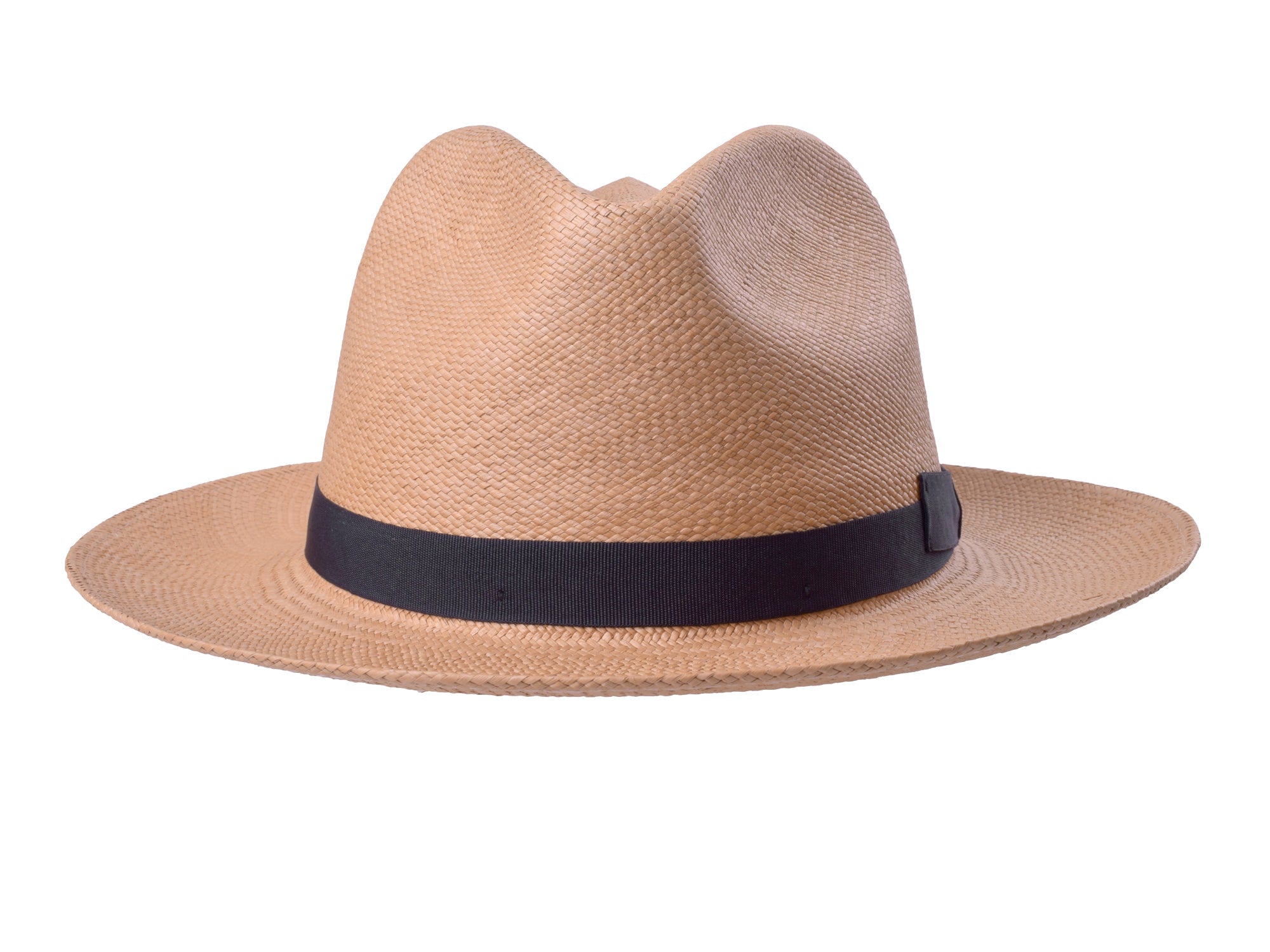 Beige straw hat with a black band on a white background