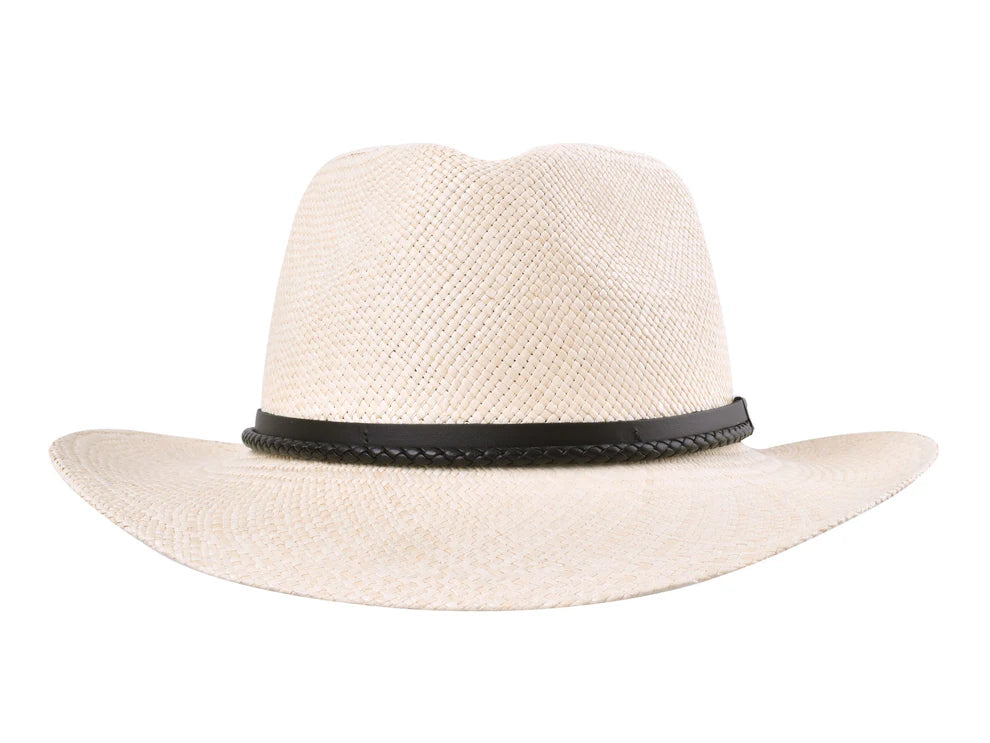 Beige straw hat with a black band on a white background