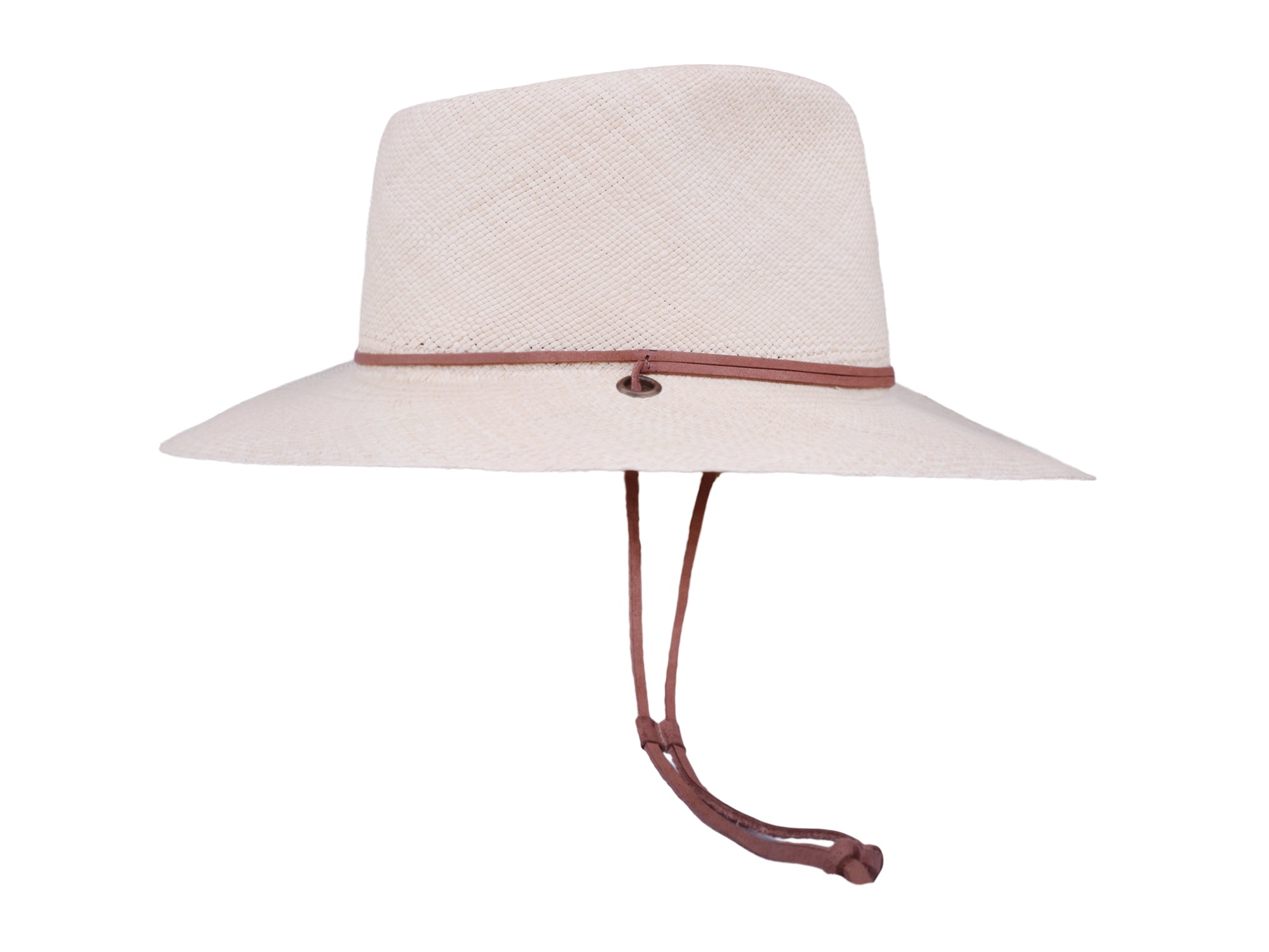 Beige sun hat with a brown band on a white background