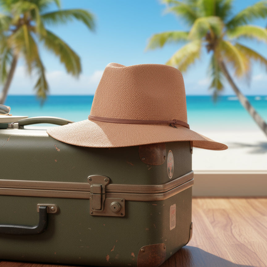 Beige straw hat with a brown band on a white background
