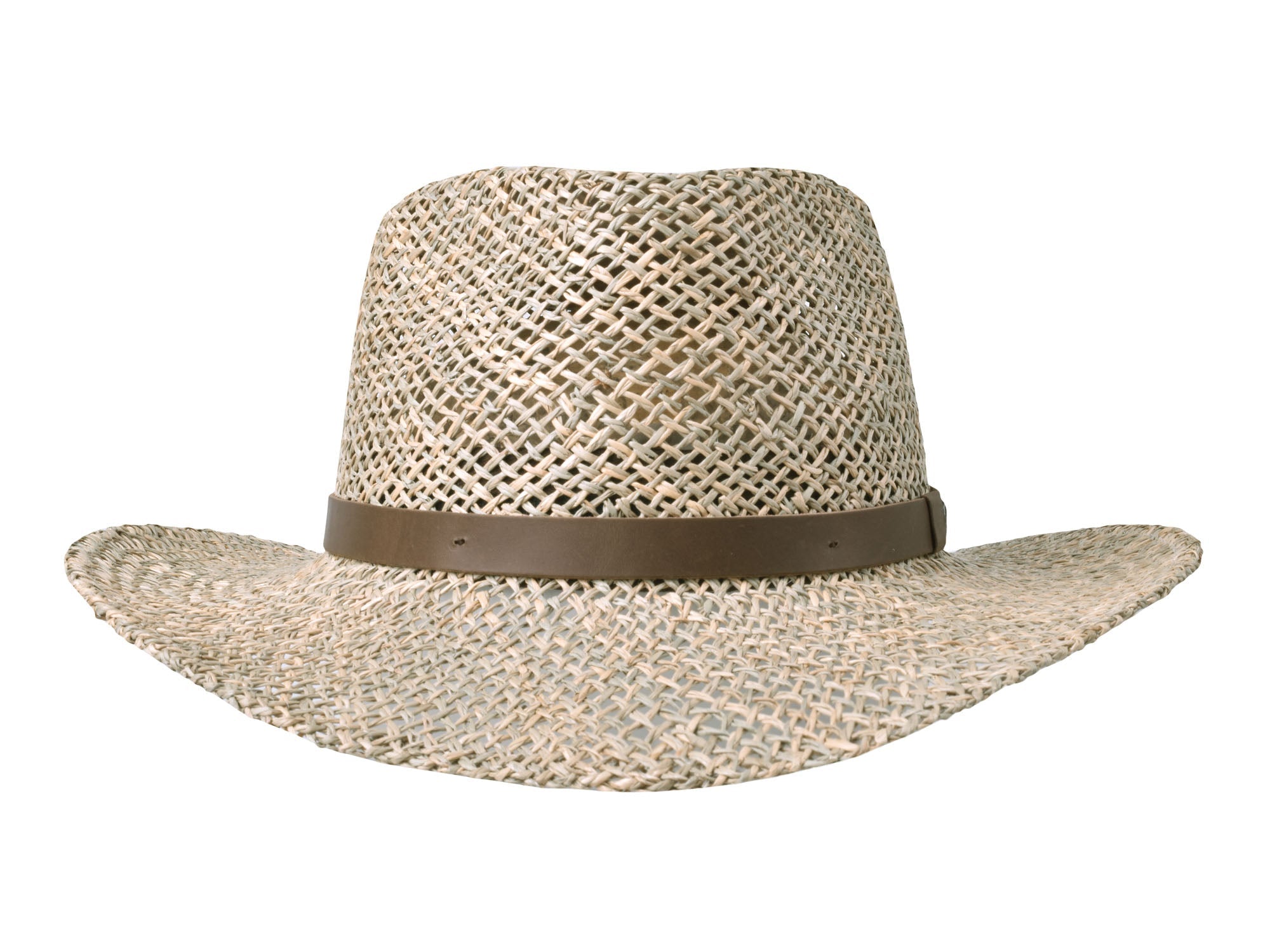 Woven straw hat with a brown band on a white background