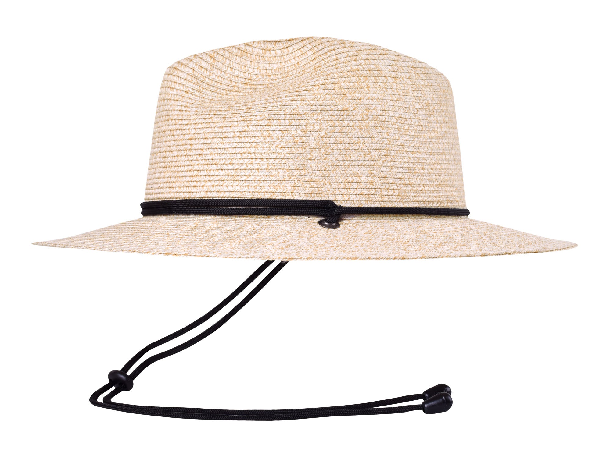 Beige straw hat with a black band on a white background