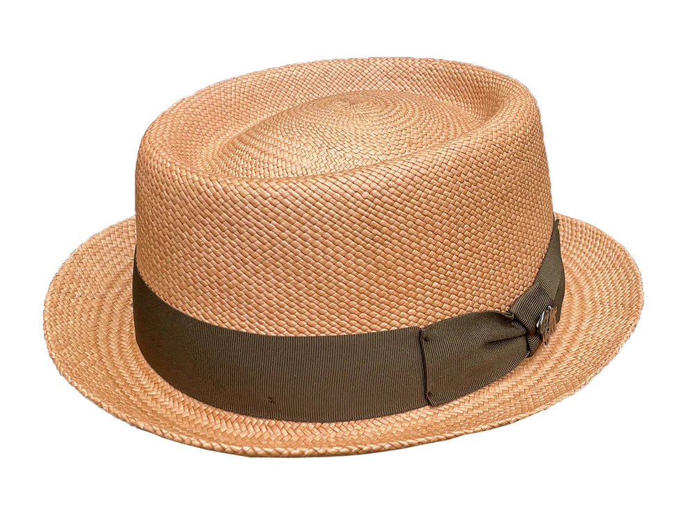 Beige straw hat with a black band on a white background