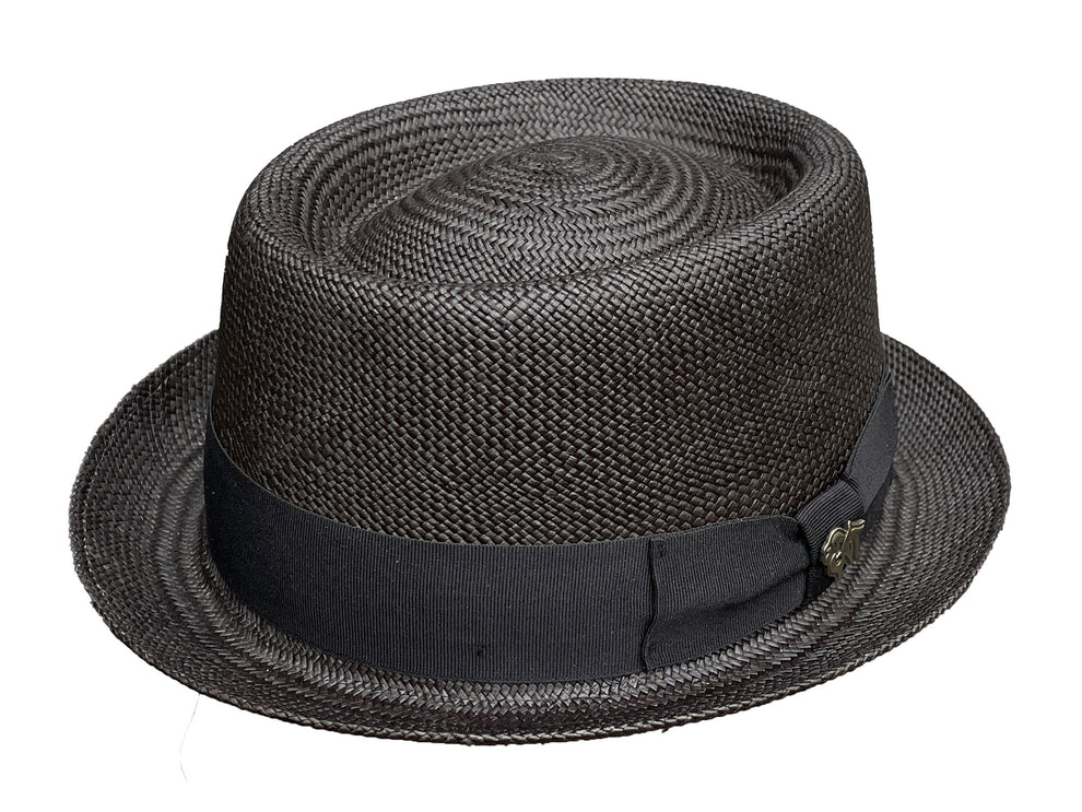 Black straw hat with a black band on a white background