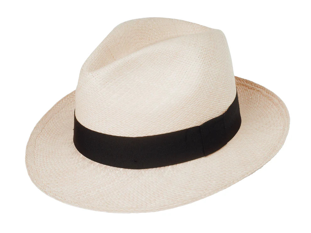 Beige fedora hat with a black band on a white background