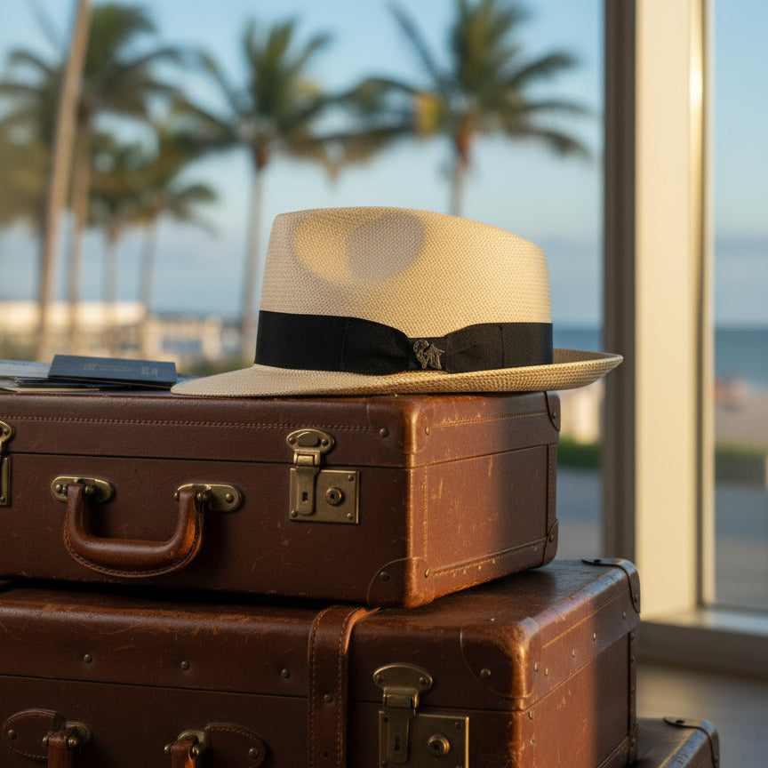 Beige straw hat with a black band on a white background