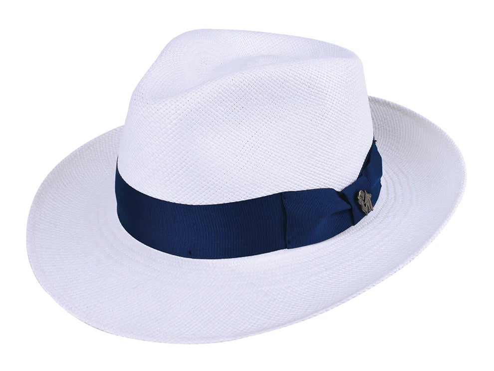 White straw hat with a navy blue band on a white background