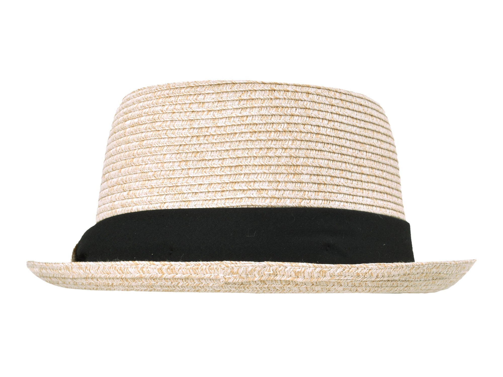 Straw hat with black band on a white background