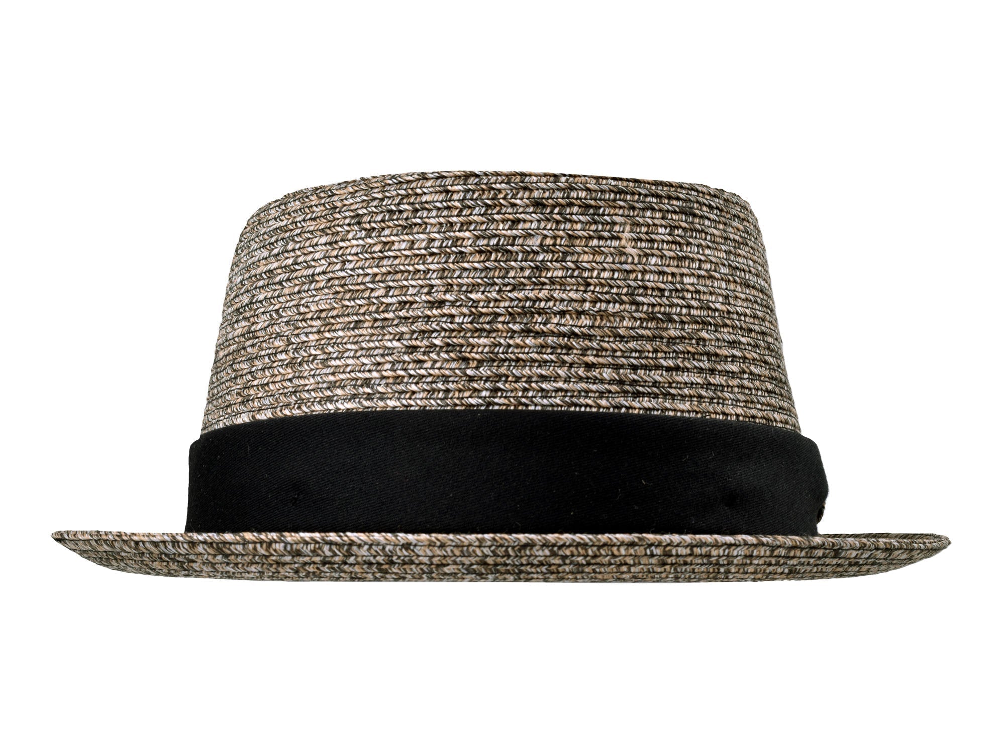 Brown straw hat with black band on a white background
