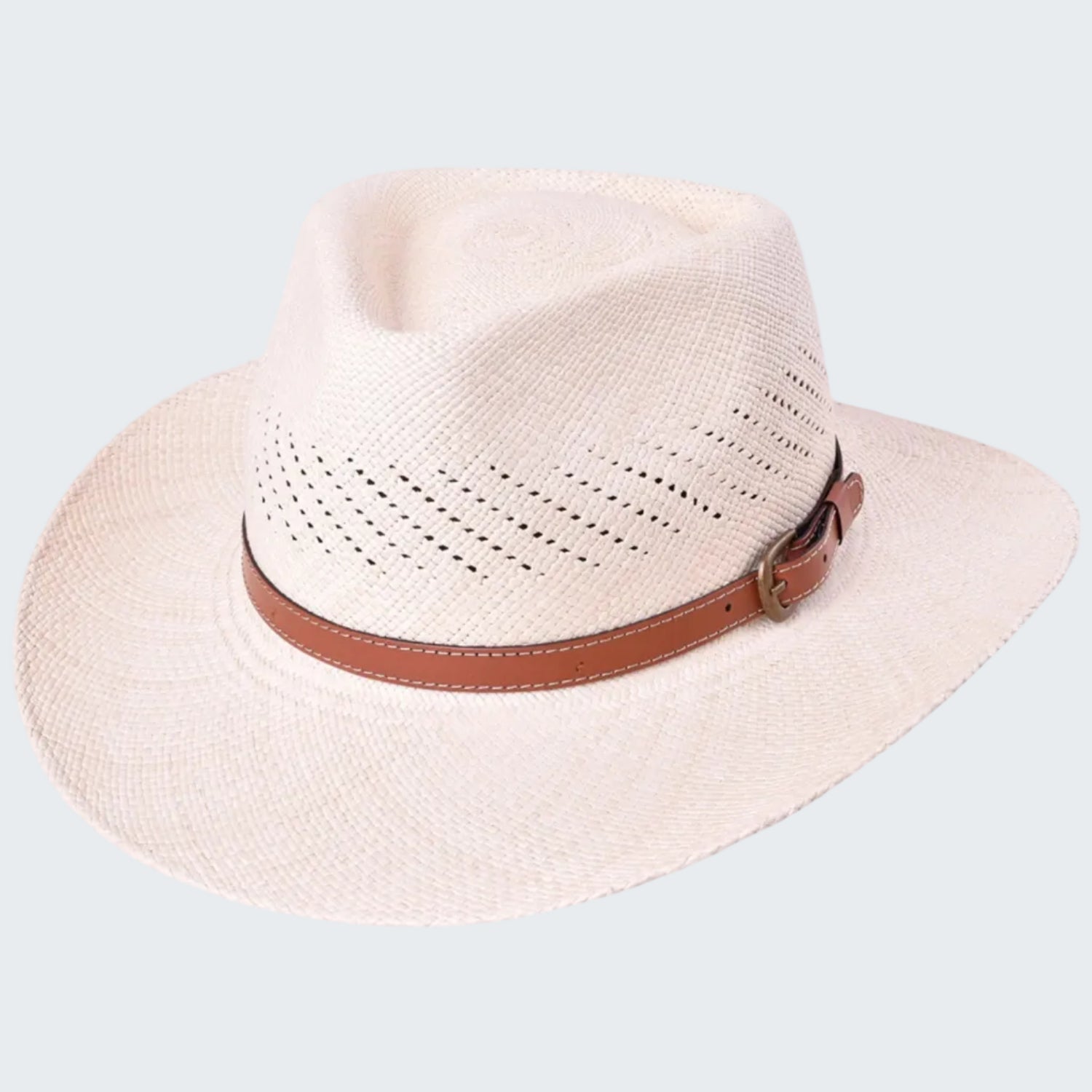 Beige straw hat with a brown band on a white background