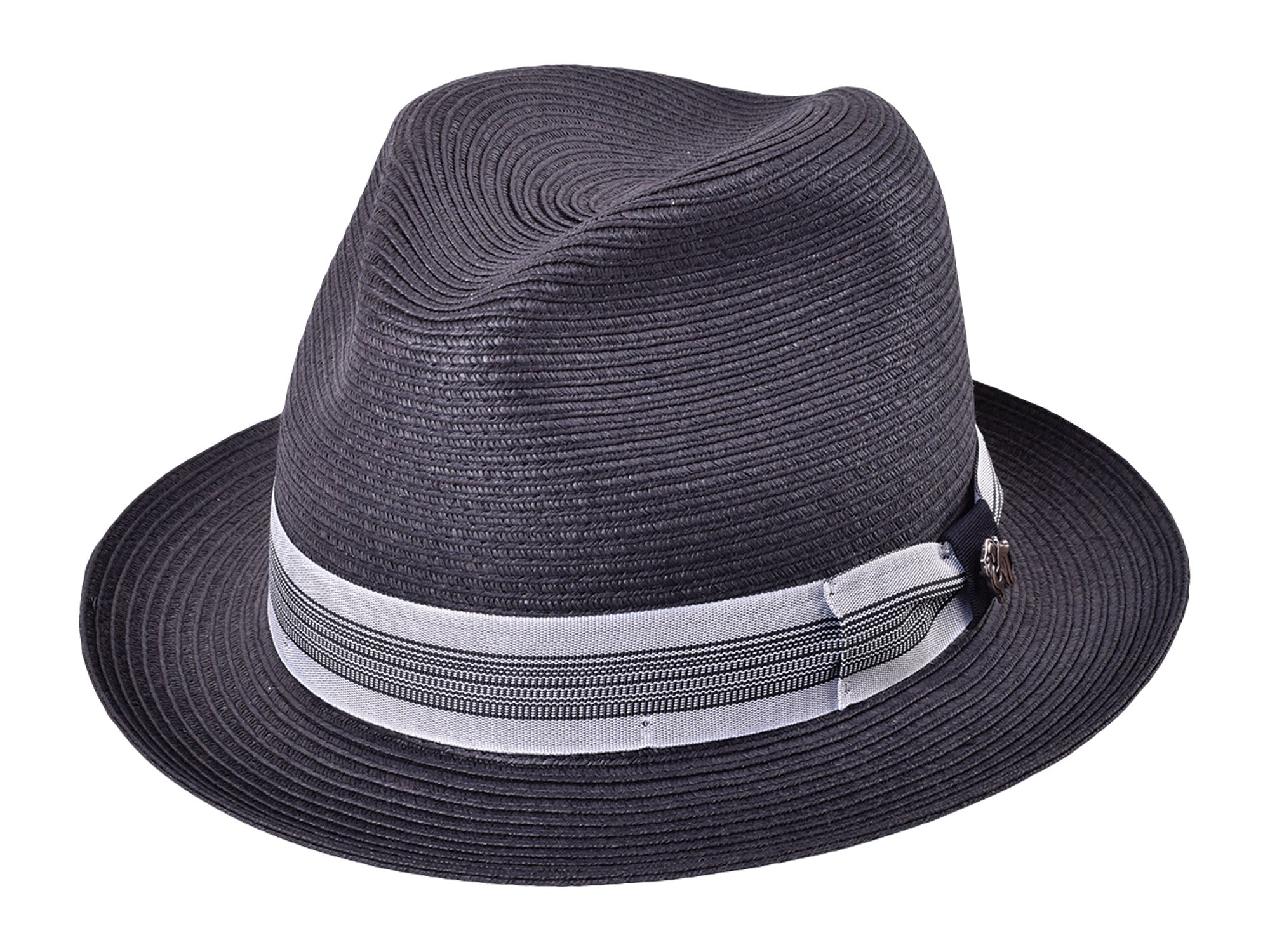 Black straw hat with a white band on a white background