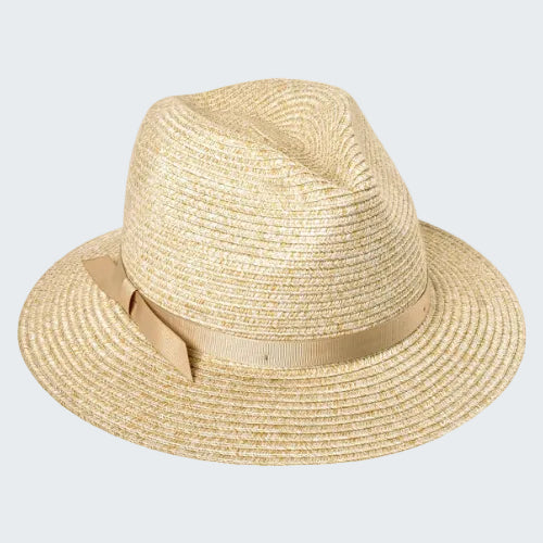 Beige straw hat with a ribbon on a white background
