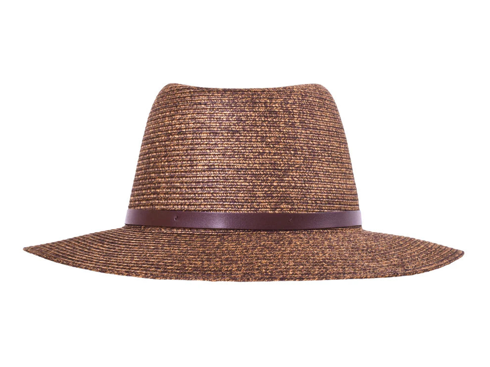 Brown straw hat with a wide brim and brown band on a white background