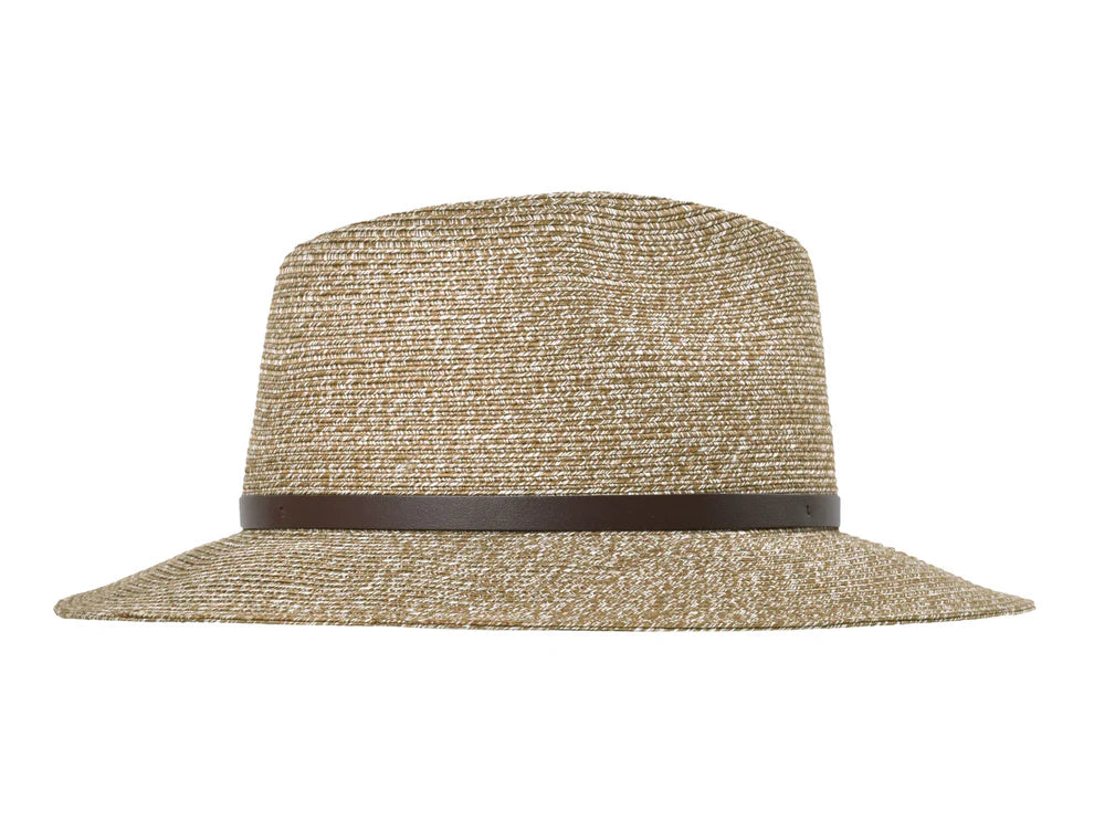 Beige straw hat with a brown band on a white background