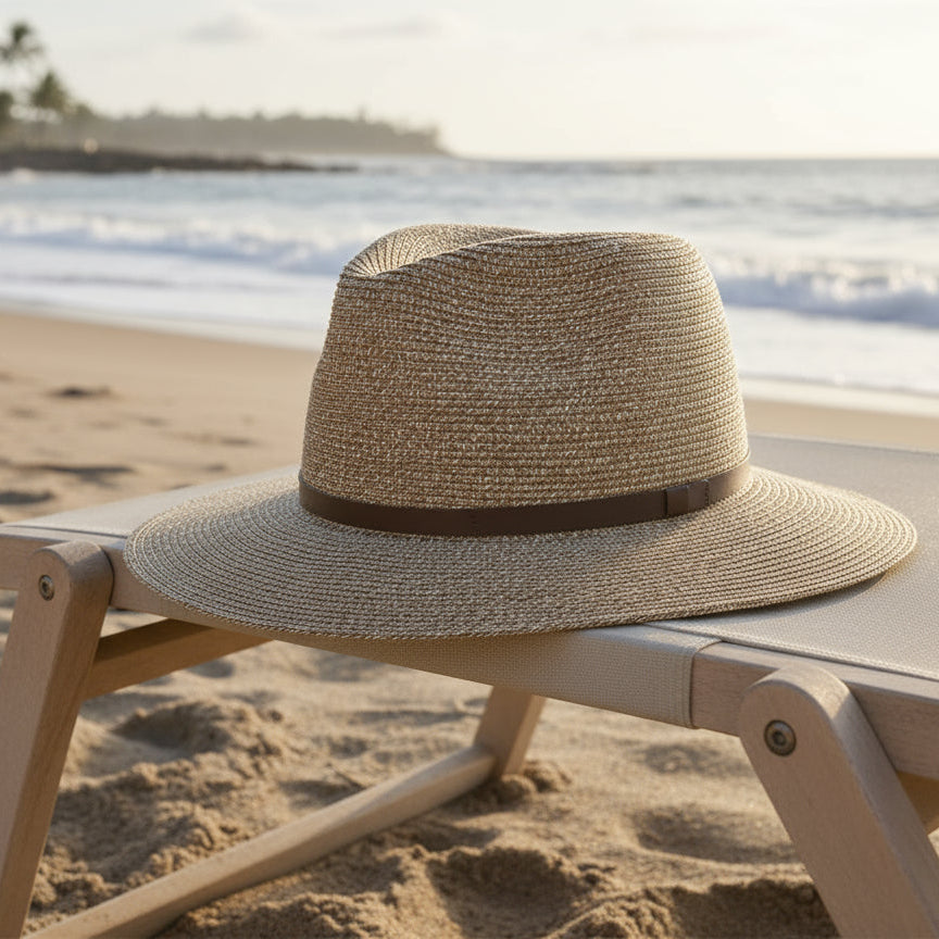 Beige straw hat with a brown band on a white background