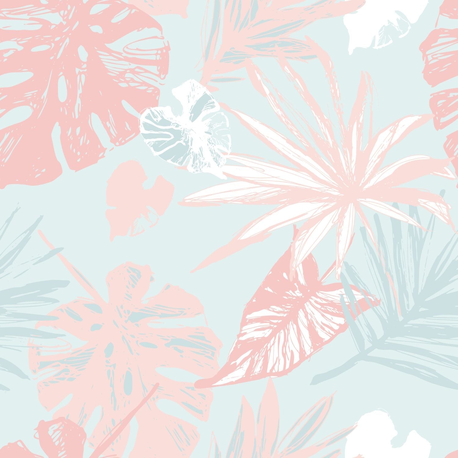 Tropical leaf pattern with pink and green leaves on a light blue background