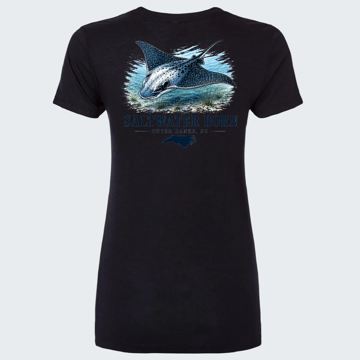 A black short-sleeve t-shirt with a graphic print of a manta ray in blue and white, with the text 'SALTWATER BORN OOSTER BAKED, FC' and a small blue silhouette below, shown on a plain white background.