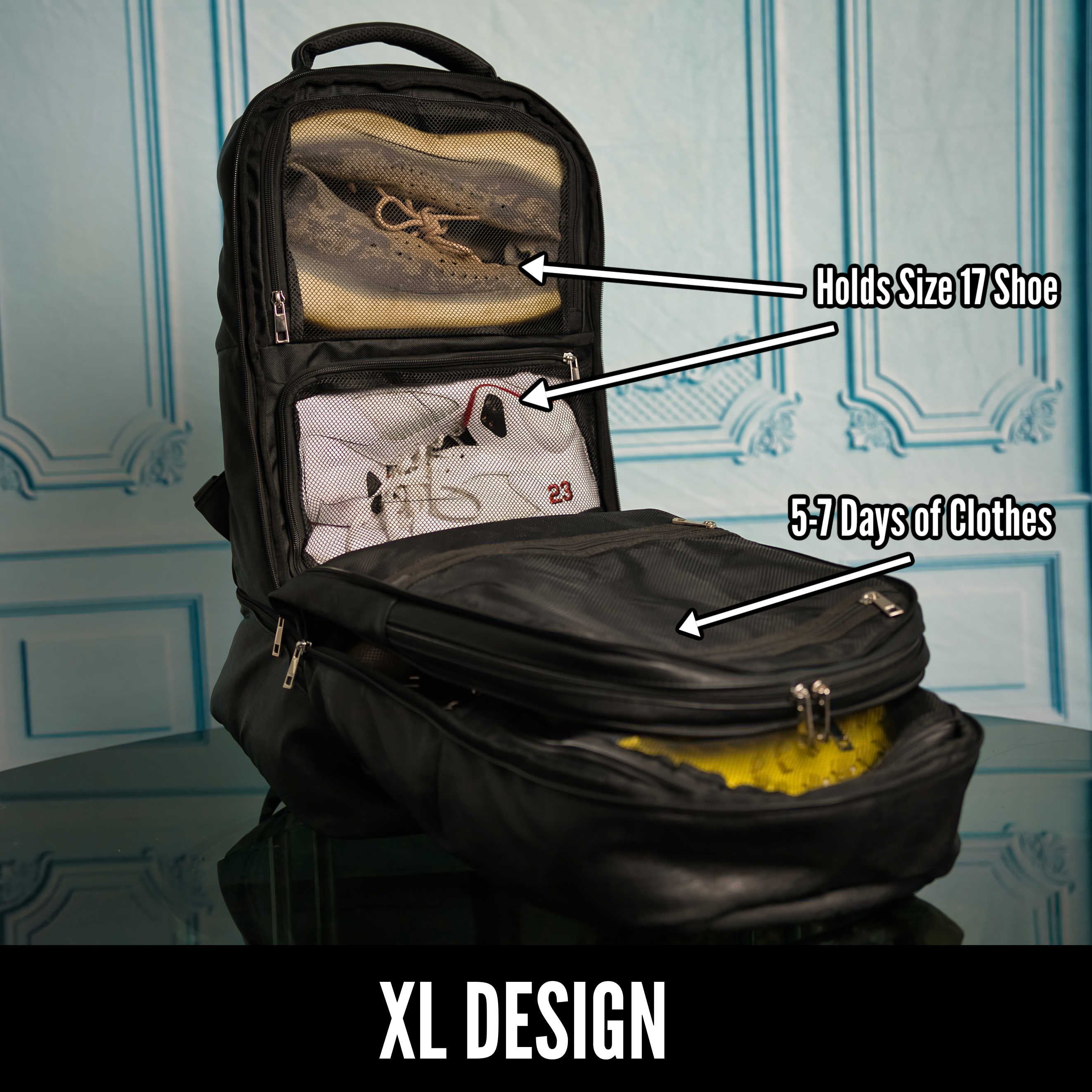 Black backpack with compartments filled with shoes and clothes, labeled for capacity, on a light blue decorative wall background.