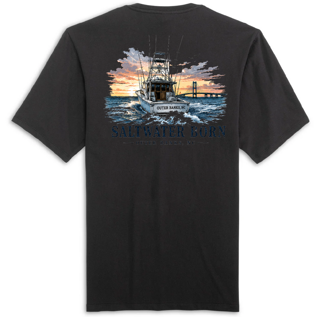 A dark charcoal gray t-shirt shown from the back, featuring a large graphic print of a fishing boat on the water at sunset with the text 'SALTWATER BORN' and 'SALTISHER COLLECTION, CO.'.