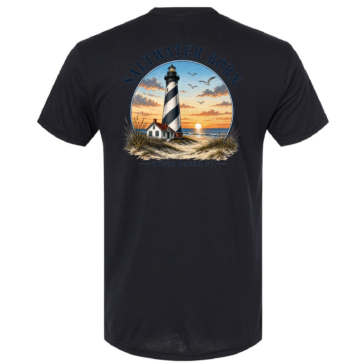 A black short-sleeve t-shirt shown from the back, featuring a large circular graphic print of a lighthouse on a beach at sunset with the text 'SALTSWATER BAY'.