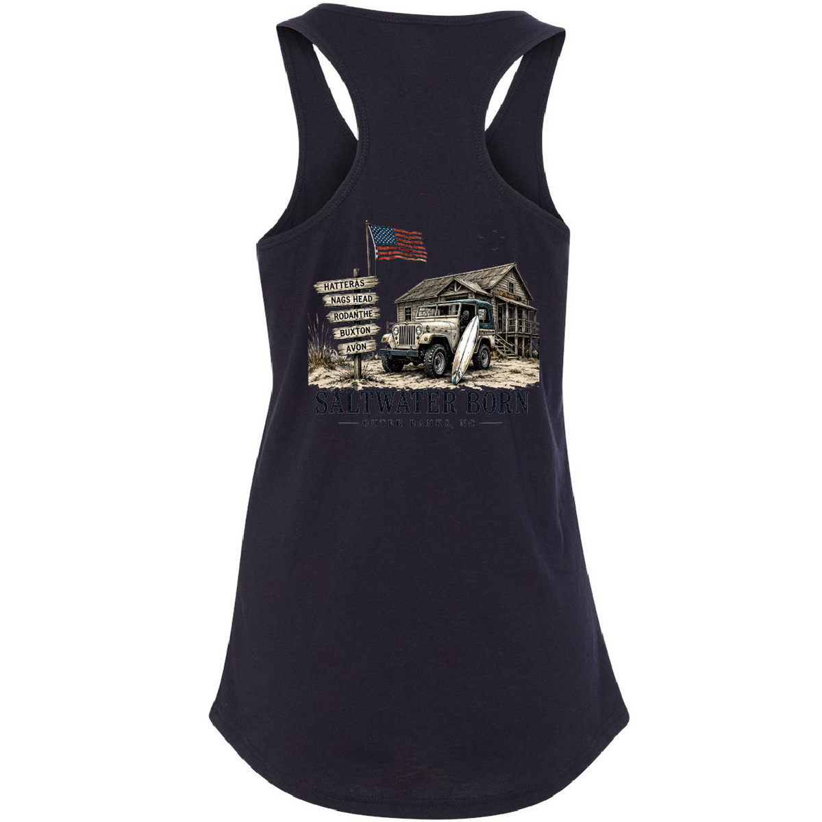 A women's racerback tank top in dark navy blue, featuring a vintage-style graphic print on the front with a rustic cabin, an off-road jeep, a surfboard, and a signpost.