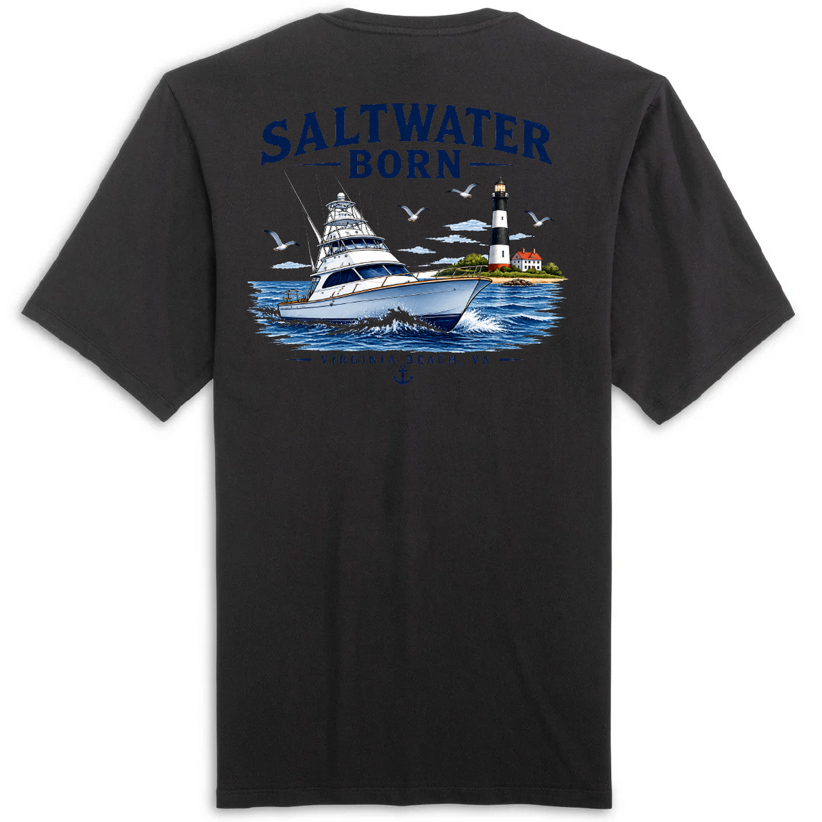 A black short-sleeve t-shirt shown from the back, featuring a large graphic print of a white yacht on blue water with a lighthouse, seagulls, and the text 'SALTWATER BORN' in navy blue.